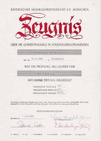 Zeugnis der Musiklehrerprüfung für Gitarre