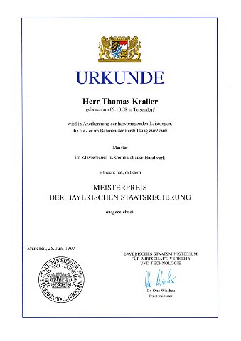 Urkunde der Meisterprüfung mit Auszeichnung im Klavierbau