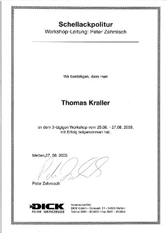 Teilnahmezertifikat Seminar Schellackpolitur